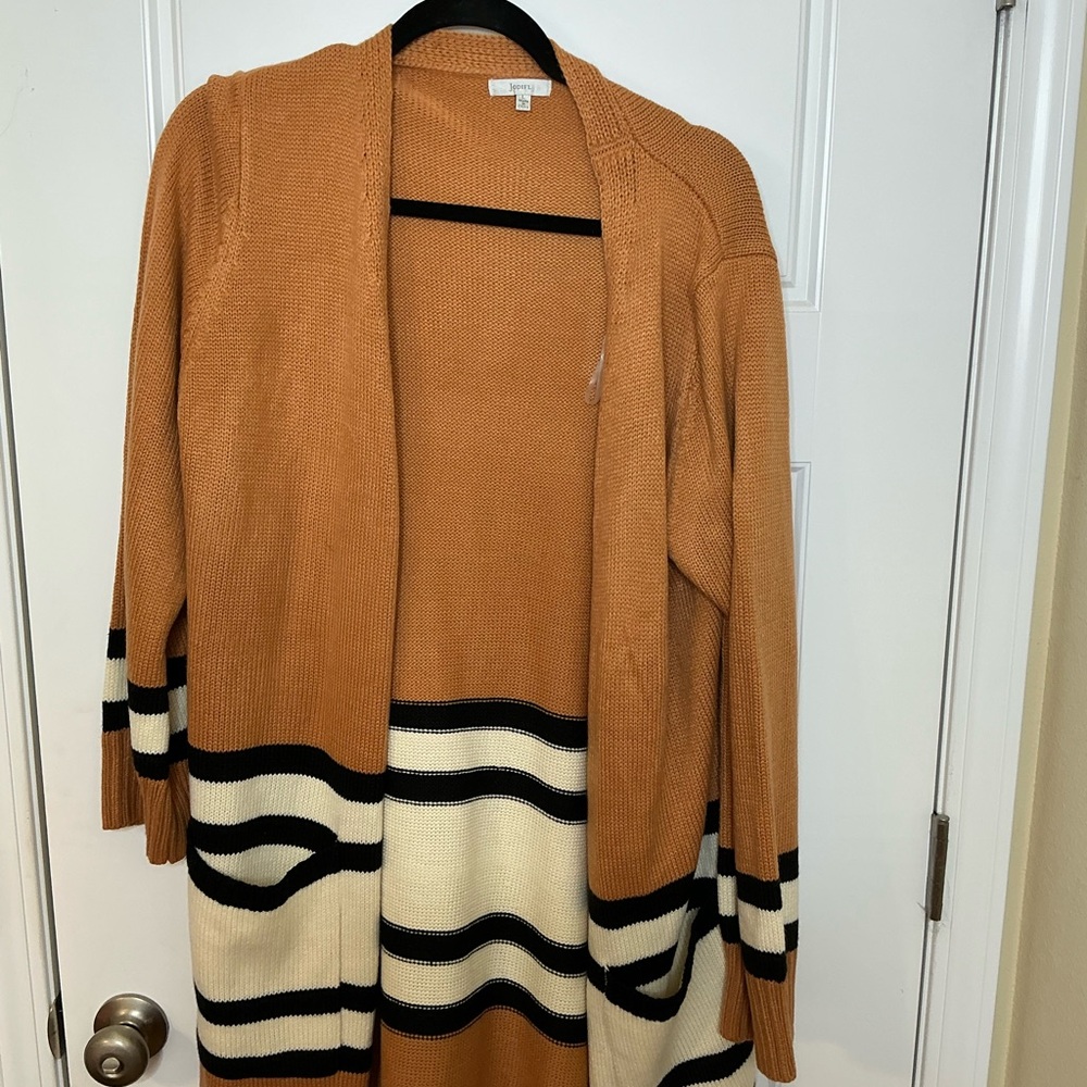 JODIFL Tan Cardigan with Black and Cream Stripes